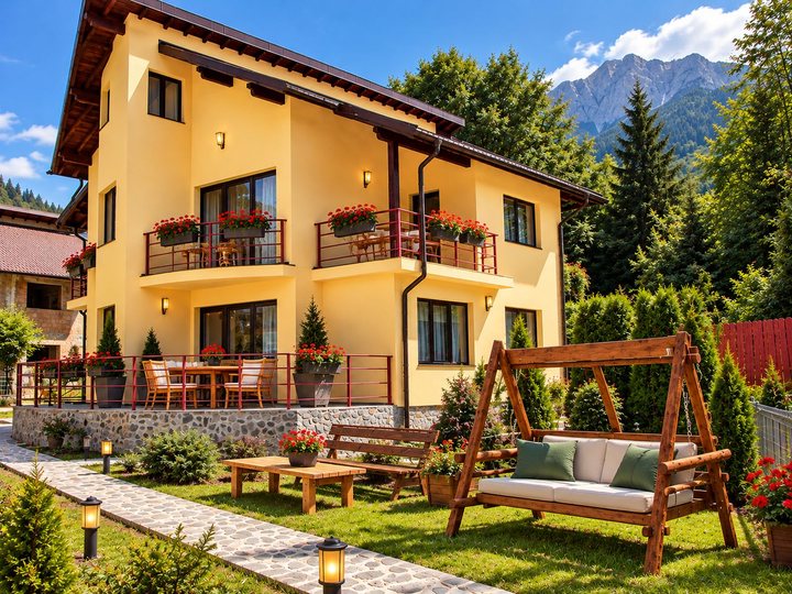 Vila cu flori la balcoane și leagănul din grădină